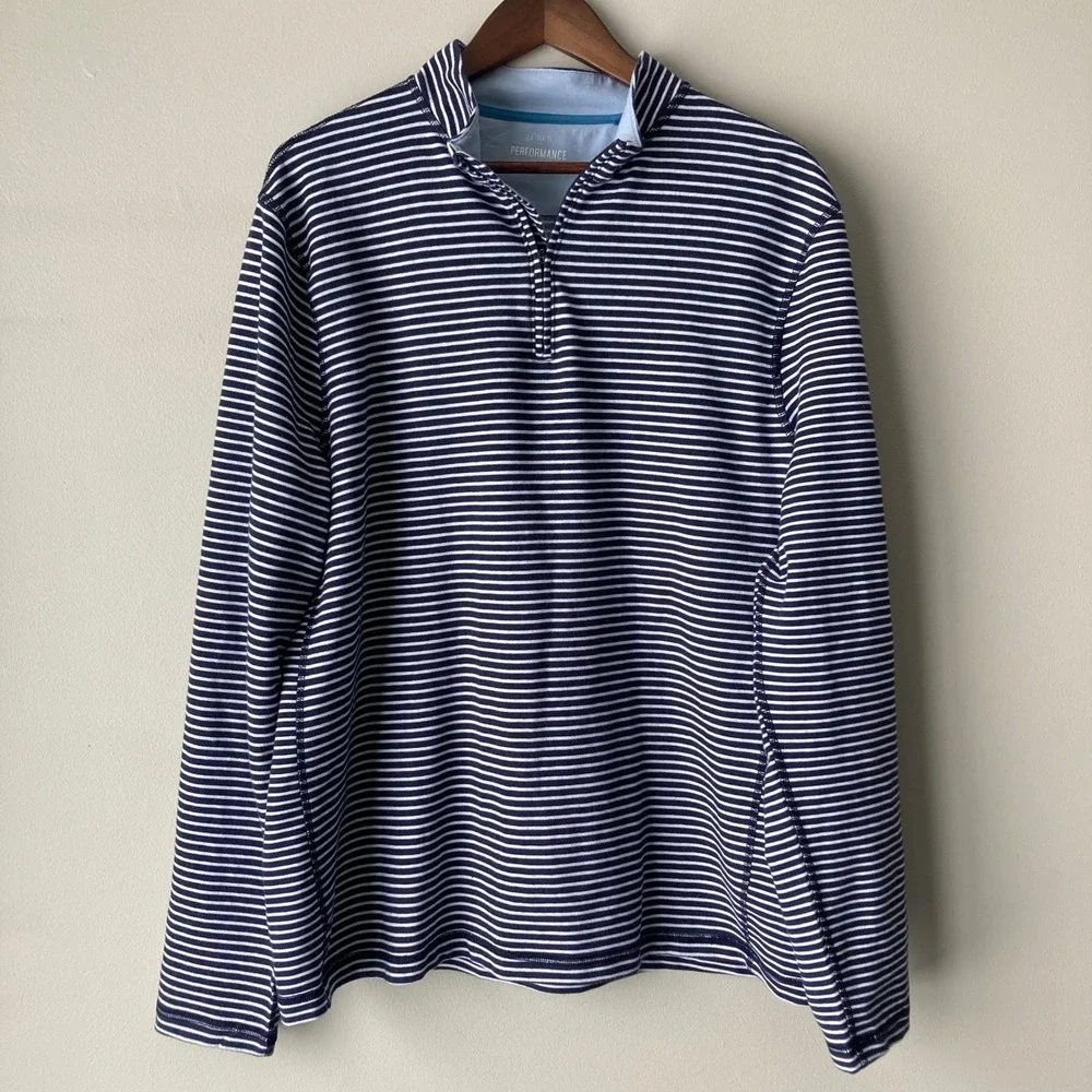 J.Crew Performance Mens XL Quarter Zip Pullover Navy White Striped